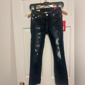 True Religion Halle CAPRI Dark Blue Distressed Skinny Jeans SIZE 25